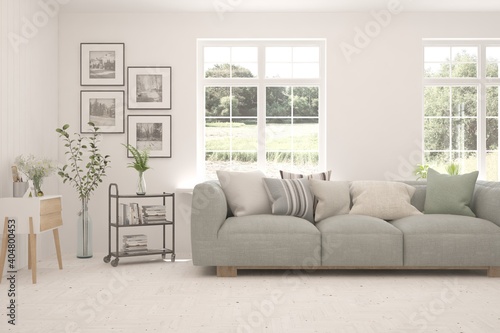 White living room with sofa. Scandinavian interior design. 3D illustration