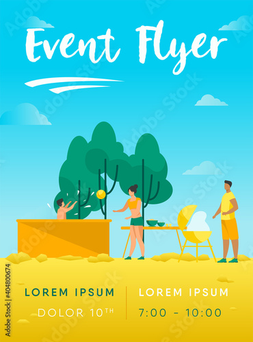 People playing, swimming, cooking at backyard. Barbecue, park, nature flat vector illustration. Summer activity and weekend concept for banner, website design or landing web page