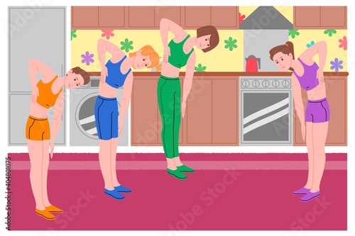 Group of young girls doing sports physical exercises, home workouts and fitness at home during quarantine and lead healthy lifestyle. Flat vector illustration. Women using the house as a gym. © Syretshi