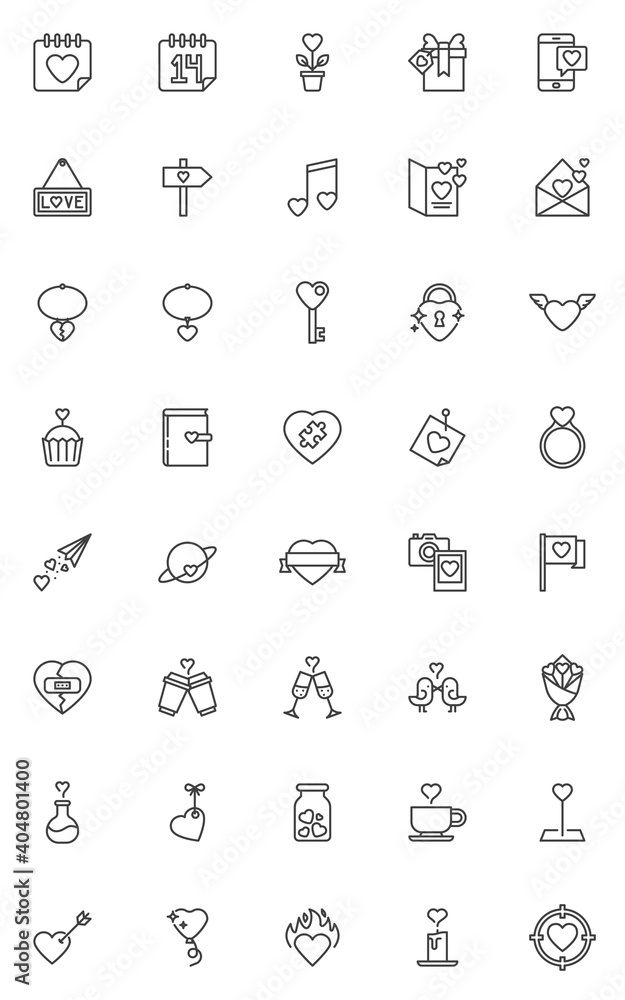 Valentines day line icons set. Love hearts linear style symbols collection, outline signs pack. vector graphics. Set includes icons as Valentines calendar day, love message, broken heart, cupid arrow Valentines day line icons set. Love hearts linear style symbols collection, outline signs pack. vector graphics. Set includes icons as Valentines calendar day, love message, broken heart, cupid arrow