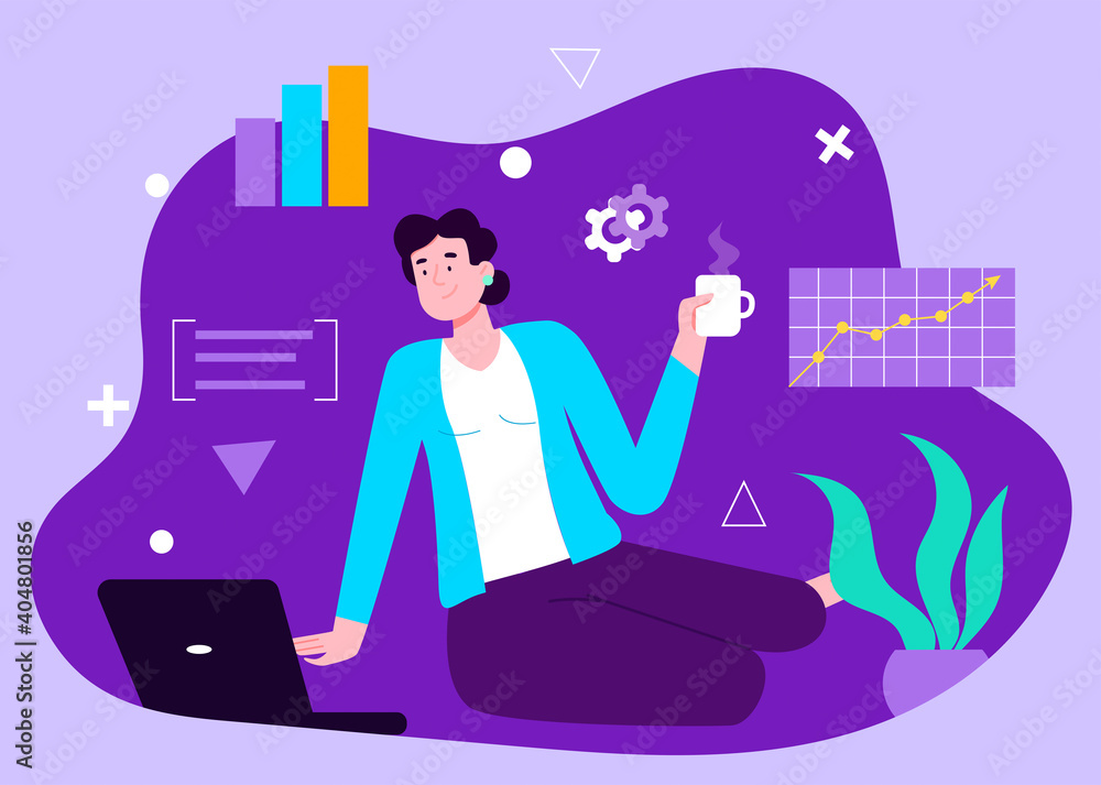 Brunette businesswoman sitting on the floor at living room and working on laptop. Concept of remote work from home. Charts and graphs in the air. Flat design Illustration. Vector. Brunette businesswoman sitting on the floor at living room and working on laptop. Concept of remote work from home. Charts and graphs in the air. Flat design Illustration. Vector.