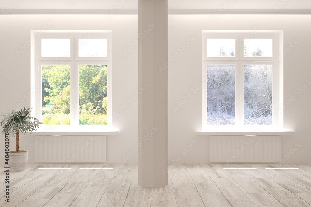 Fototapeta premium White empty room with summer and winter landscape in window. Scandinavian interior design. 3D illustration