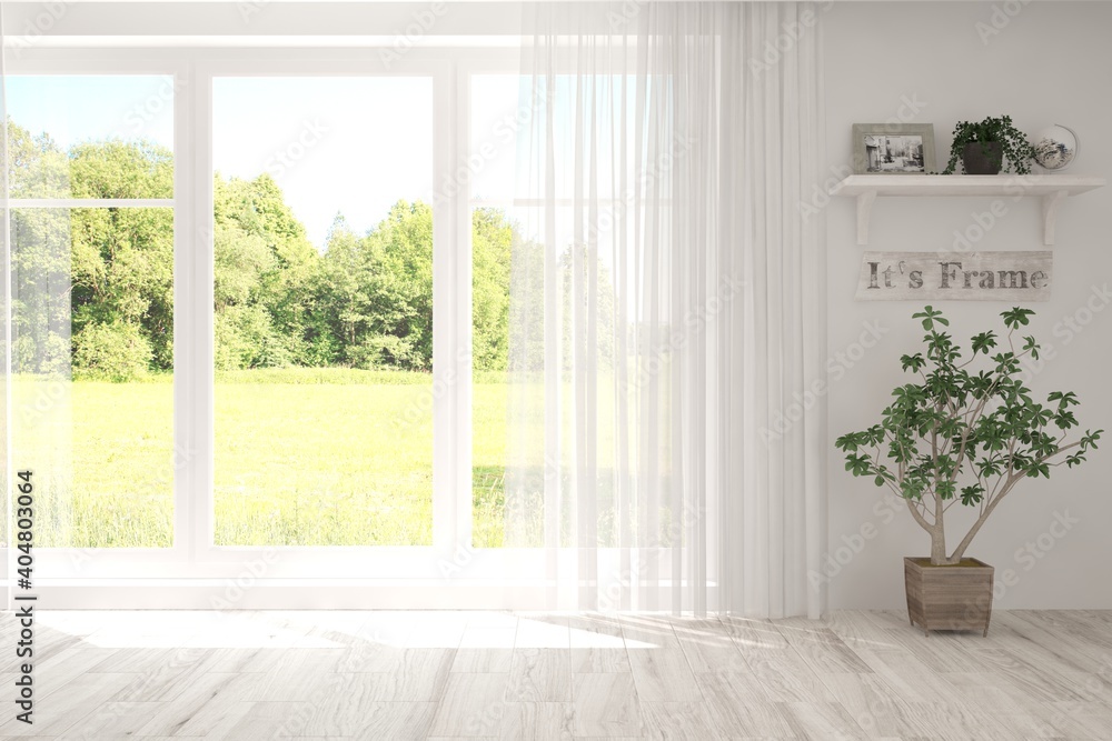 White empty room with summer landscape in window. Scandinavian interior design. 3D illustration White empty room with summer landscape in window. Scandinavian interior design. 3D illustration
