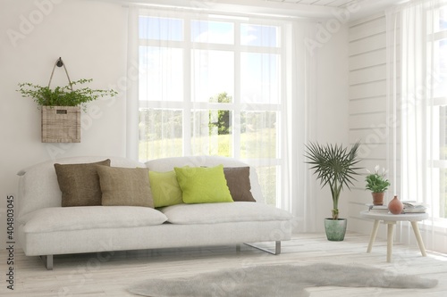 White living room with sofa and summer landscape in window. Scandinavian interior design. 3D illustration