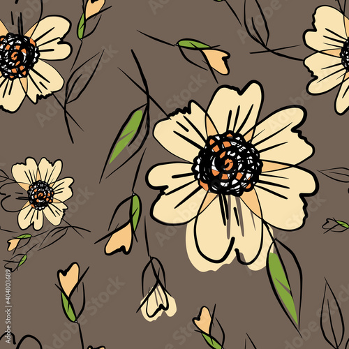 Seamless pattern with decorative flowers and leaves on brown background.