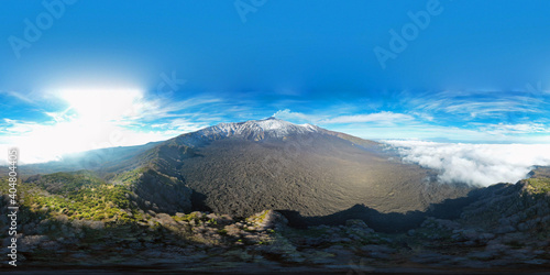 360 degree virtual reality panoramic view of the Etna volcano with its lava flows and the Bove valley in autumn. Sicily Italy.