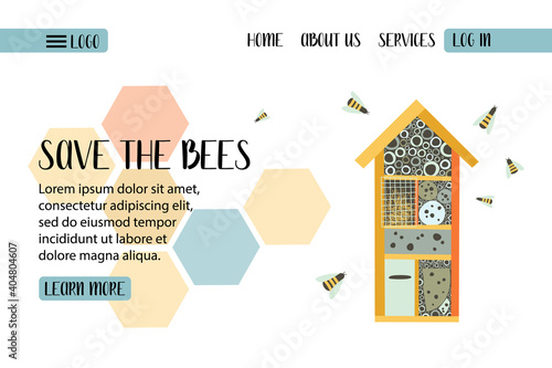 Save the bees. Bees fly around the bee hotel. Environment protection. Bright flat vector illustration. Perfect for landing page, banner design, web