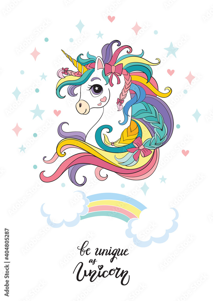 Cartoon head of unicorn vector illustration poster white