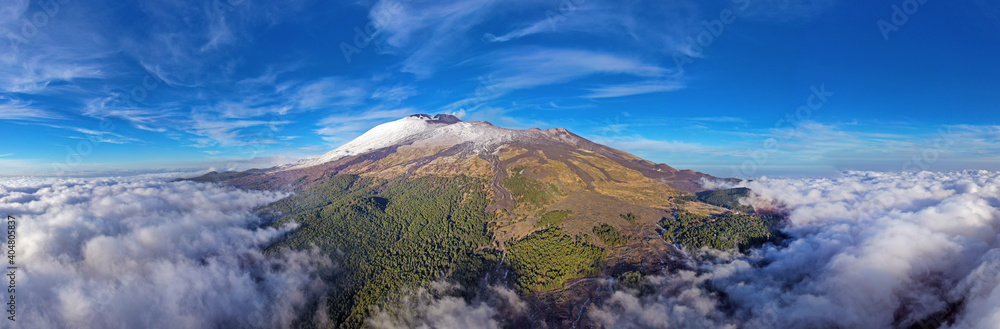 180 degree virtual reality panoramic view of Etna volcano surrounded by clouds in autumn. Sicily Italy.