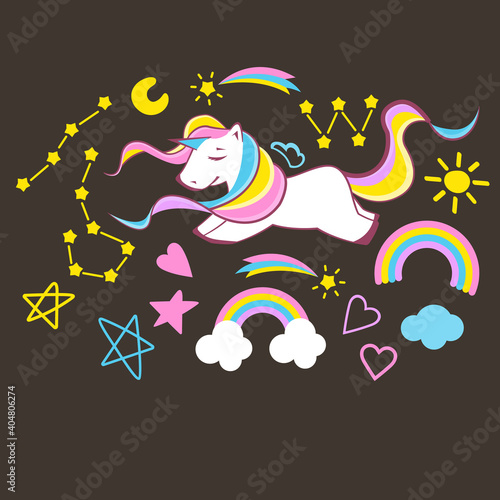 Set of beautiful unicorn elements on dark background, vector illustration
