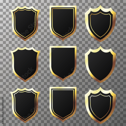 Retro golden and black labels and shields. Elegant golden design elements. Certified. Quality blank, empty badge, emblem set