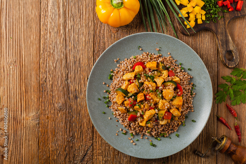 Buckwheat with chicken and vegetables.