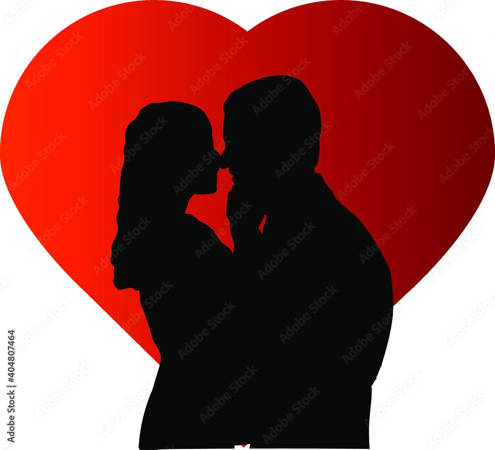 Kissing couple in love. Silhouette on the background of the heart. Valentine's Day. Vector illustration.