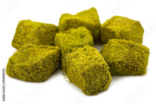 bracken starch dumpling warabi mochi with green tea powder, Japanese famous sweets photo