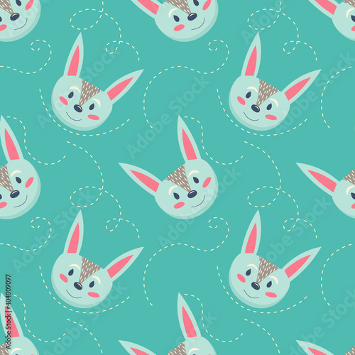 Scandinavian seamless pattern with cute rabbits on green background with lines. Vector illustration of Scandinavian animals for childrens room decoration. Children's modern design