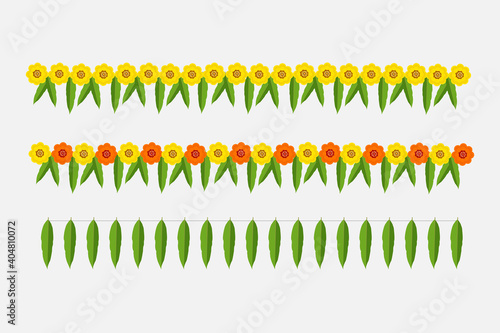 Indian garland of flowers and leaves. Religion festive holiday decoration. Vector illustration isolated on white 