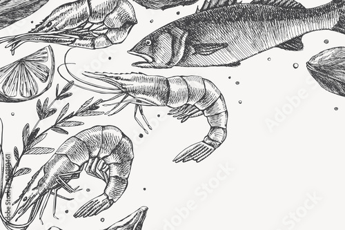 Hand-drawn seafood on a light background. Fish, shrimp, lemon, and rosemary sprigs. Retro picture for the design of restaurants, fish markets, and shops. Vector illustration in old engraving style.