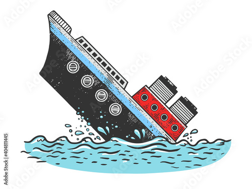 Fotografie, Obraz Sinking steamboat ship sketch color engraving vector illustration