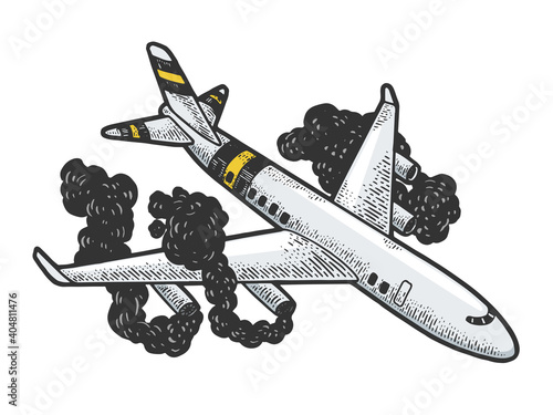 Airplane crash sketch color engraving vector illustration. T-shirt apparel print design. Scratch board style imitation. Hand drawn image.
