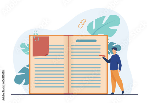 Tiny man writing in huge notebook. Note, book, pencil flat vector illustration. Personal diary and reading concept for banner, website design or landing web page