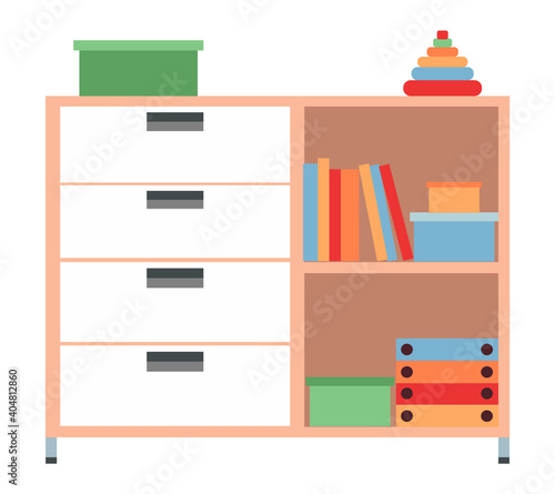 Childrens chest of drawers with plush toys isolated on white background. A commode for medical manipulations and storage of necessary items. Shelves with books and boxes. Furniture for medical office