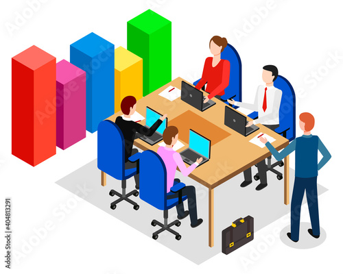 Business meeting, conference, growing chart, graphic, people sitting around of table with laptops dicsussing talking about business strategy, analysing statistics, graphical analysis, businesspeople