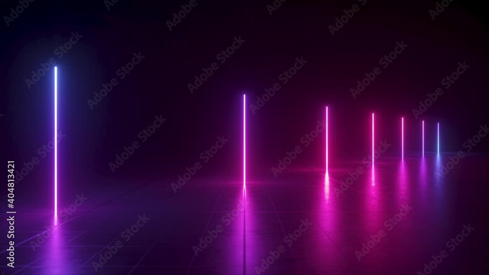 looping animation of 3d neon vertical lines in perspective view, glowing in ultraviolet spectrum, changing colors from blue to pink looping animation of 3d neon vertical lines in perspective view, glowing in ultraviolet spectrum, changing colors from blue to pink