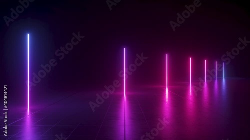 looping animation of 3d neon vertical lines in perspective view, glowing in ultraviolet spectrum, changing colors from blue to pink photo
