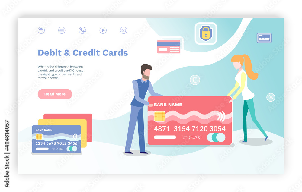 Φωτογραφία Debit and credit card vector, people dealing with money storage keeping and financial assets on personal account in bank man and woman couple