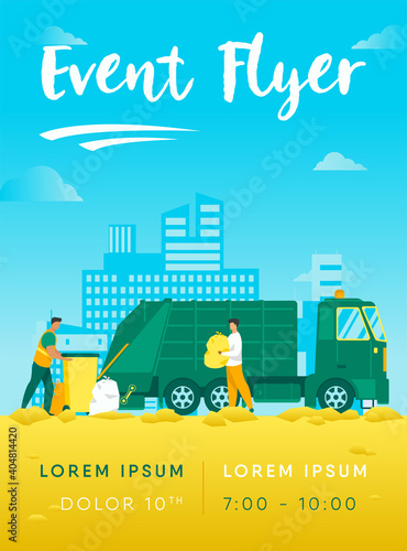 Trash pickup worker cleaning dustbin at truck. Man carrying trash in plastic bag flat vector illustration. City service, waste disposal concept for banner, website design or landing web page