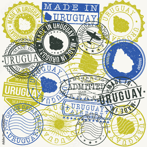 Uruguay Set of Stamps. Travel Passport Stamps. Made In Product. Design Seals in Old Style Insignia. Icon Clip Art Vector Collection.