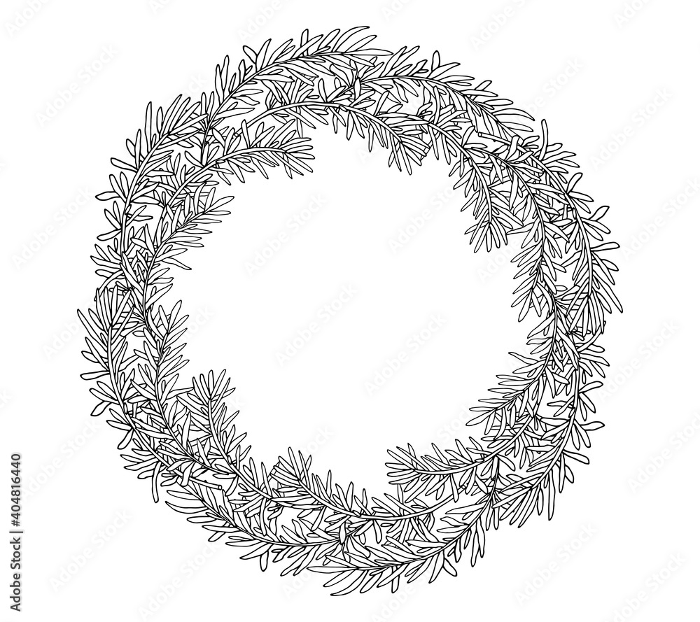 Rosemary wreath hand drawn, isolated. Beautiful circle frame, template with place for lettering in black with white color. Vector illustration. Rosemary wreath hand drawn, isolated. Beautiful circle frame, template with place for lettering in black with white color. Vector illustration.