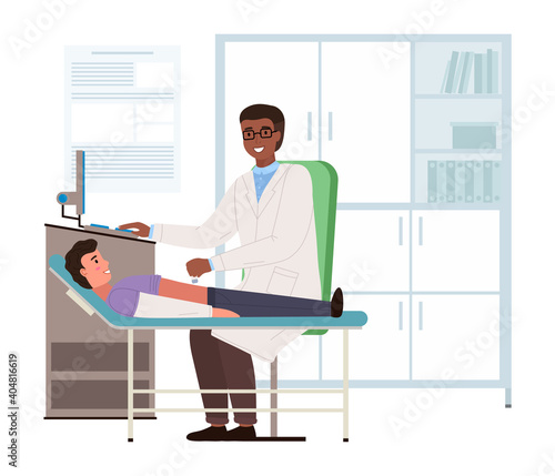 Doctor conducts an ultrasound of patient s abdominal cavity. Boy with doctor in medical office. Gastroenterologist examines the state of health of a young guy. Physician works with special equipment