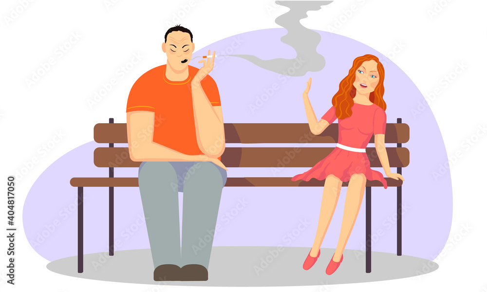 A man leading an unhealthy lifestyle, smokes in the presence of a non-smoking girl.