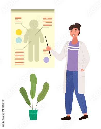 Doctor with pointer leads clarification on human body. Woman in medical gown points to a silhouette. Female therapist character on white background. Teacher in white coat conducts anatomy lesson