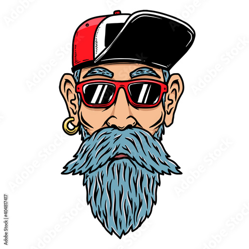 Illustration of a head of funny old biker. Design element for poster, card, banner, sign, emblem. Vector illustration