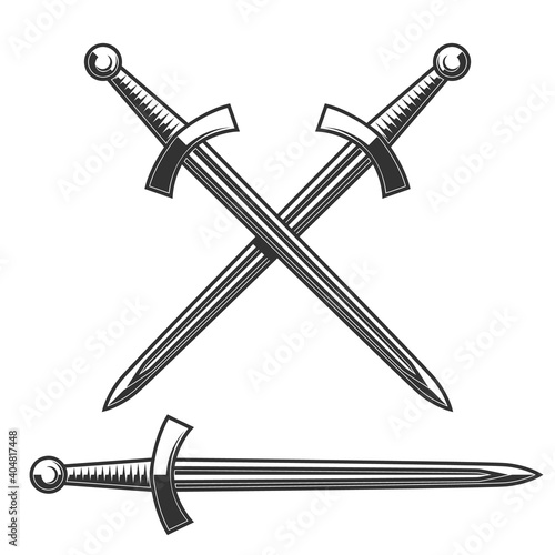 Illustration of medieval knight sword. Design element for poster, card, banner, sign. Vector illustration