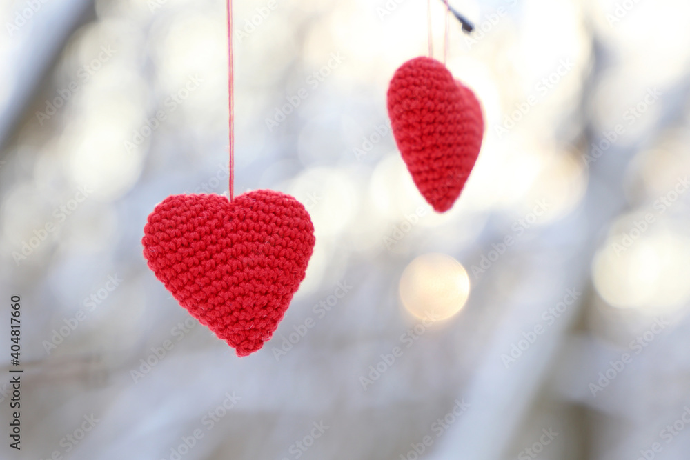 Fototapeta premium Valentine hearts hanging on a tree branch in winter forest. Two red knitted hearts in sunlight, symbol of romantic love, background for holiday