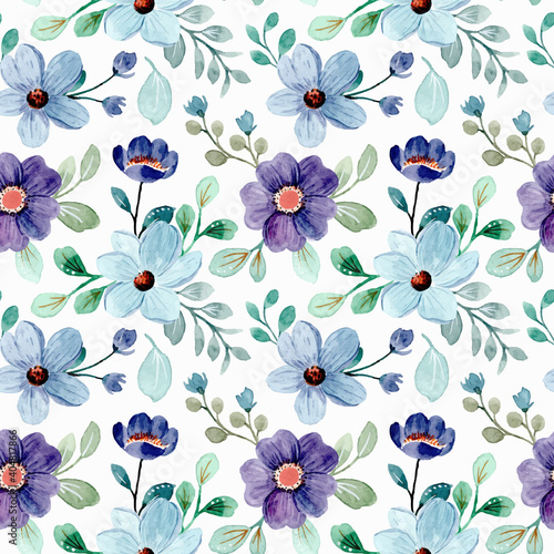 Fototapeta Naklejka Na Ścianę i Meble -   Seamless pattern of blue floral and green leaves watercolor