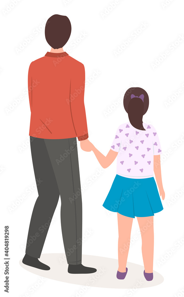 Happy family father and daughter walking together, back view isolated on white background. Man holds his daughter by the hand they stand look into the distance. Family leisure activity flat style