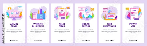 Admin panel, error report, web functions, send email. Mobile app screens, vector website banner template.