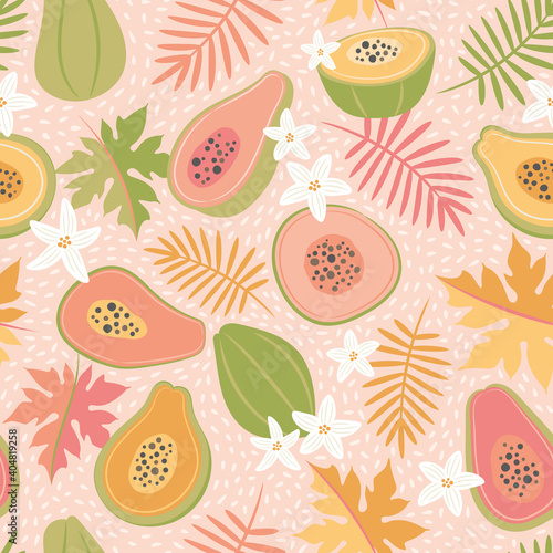 Cute, colourful papaya tropical fruit seamless vector pattern on light background. Pink, green, gold leaves and fruit.