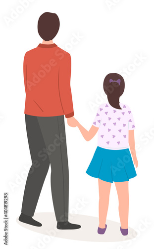 Happy family father and daughter walking together  back view isolated on white background. Man holds his daughter by the hand they stand look into the distance. Family leisure activity flat style