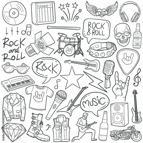 Rock and Roll doodle icon set. Music Tools Vector illustration collection. Super Star Hand drawn Line art style.