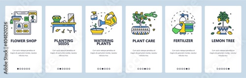 Caring for flowers, planting seeds and watering houseplants. Mobile app screens, vector website banner template.