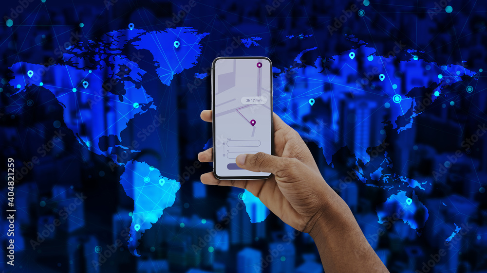 Φωτογραφία African American Guy Holding Smartphone With Opened Navigation App On Screen