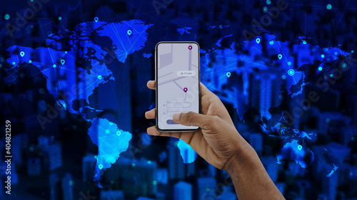 Fotografija African American Guy Holding Smartphone With Opened Navigation App On Screen