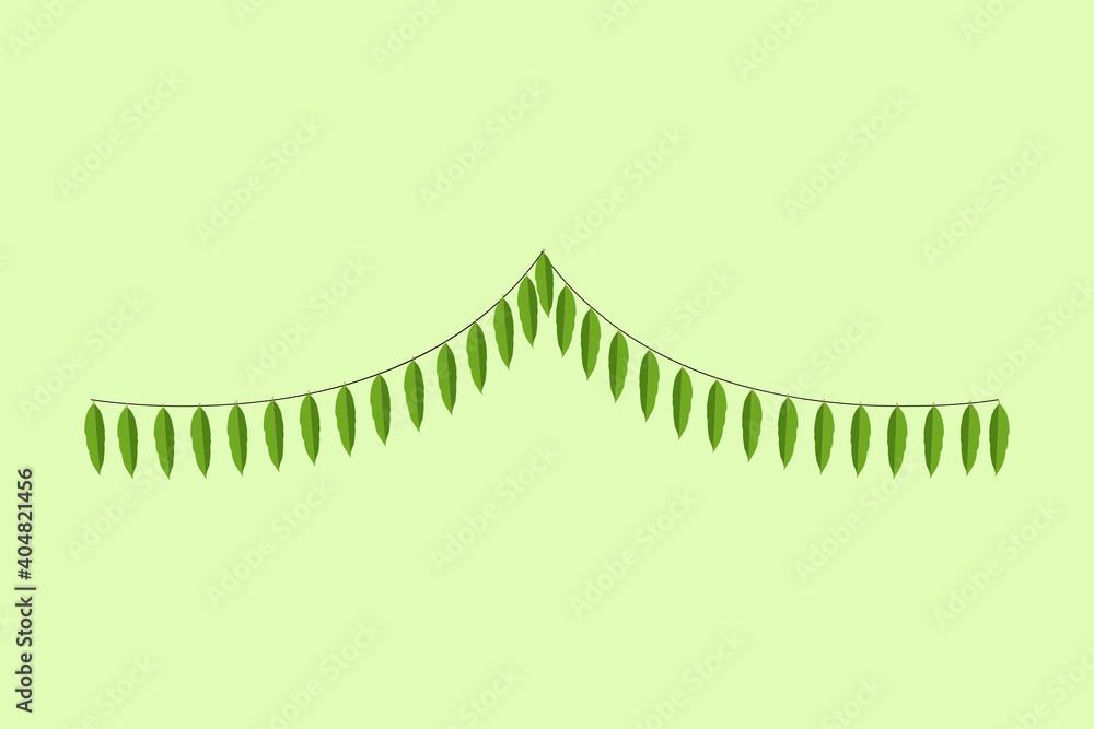 Indian flower garland of mango leaves and marigold flowers. Ugadi diwali ganesha festival poojas weddings functions holiday ornate decoration. Isolated on white background natural mango leaf garland Indian flower garland of mango leaves and marigold flowers. Ugadi diwali ganesha festival poojas weddings functions holiday ornate decoration. Isolated on white background natural mango leaf garland