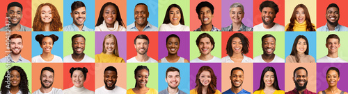 Headshots With Portraits Of Cheerful Multicultural People, Different Colored Backgrounds photo