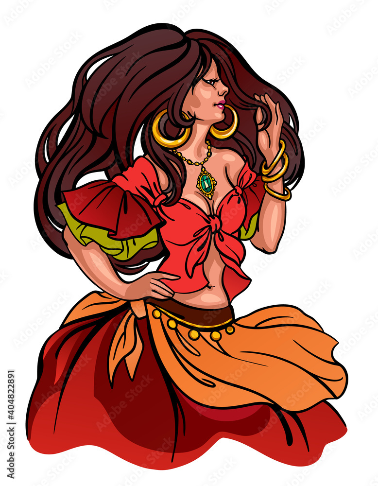 Φωτογραφία Beautiful gypsy belly dancer girl wears ethnic costume, smiles and holds strand of hair